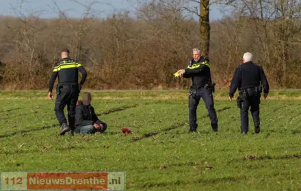 Persoon slaat op de vlucht een weiland in na botsing tussen twee auto’s op N381 bij Emmen, politie dreigt met stroomstootwapen — foto 1 van 7